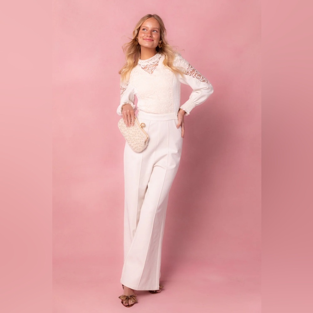 Ivy City Co Colette Cream Long Sleeve High Neck Lace Jumpsuit XXS